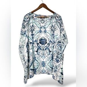 Chico's Blue and White Poncho Boxy Tunic Chiffon Layered Top Womebs size S (D13)